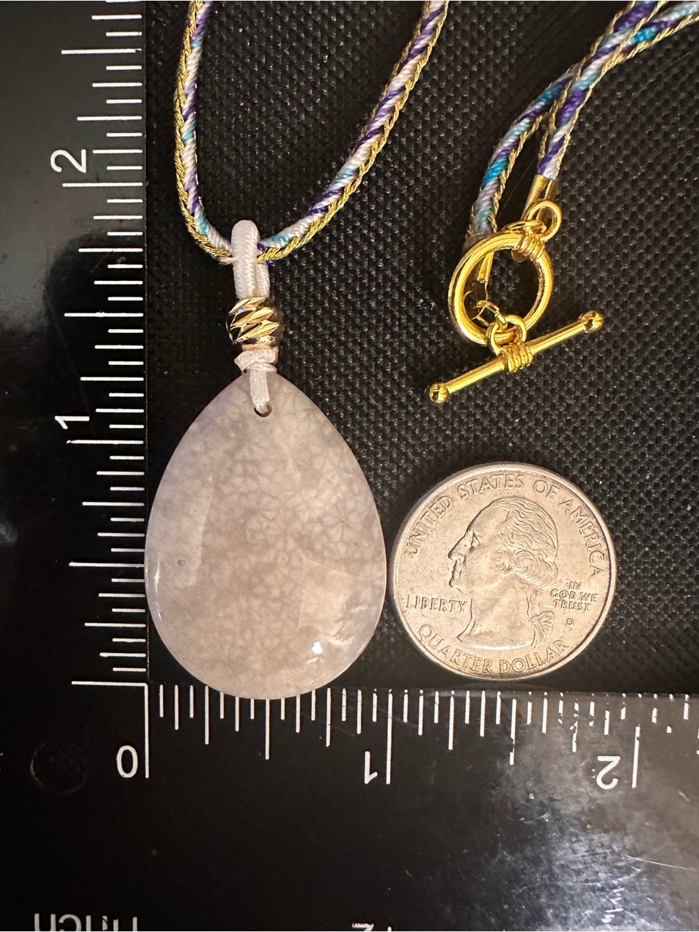 White Coral Fossil Teardrop Pendant Necklace on Blue and Gold Rope - Picture 12 of 13